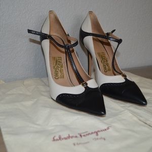 Salvatore Ferragamo Black/White T-Strap Pumps